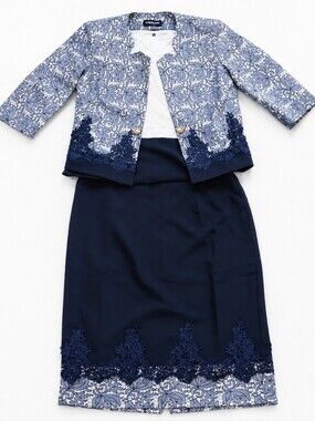 Elegant Navy Blue Lace Skirt Suit Set Size 46 Special Occasion 3-Piece Wedding